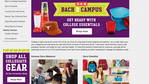 H-E-B 'Back to College' Web Page